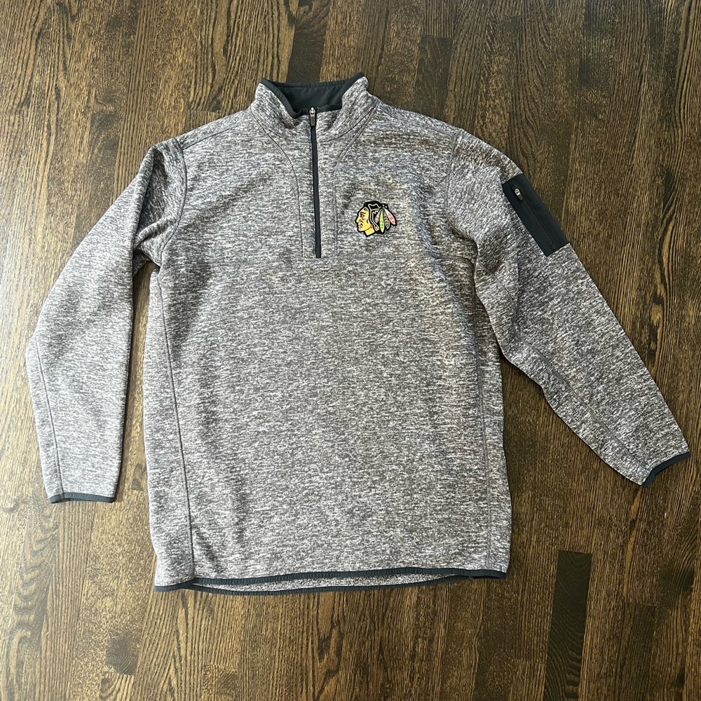 Blackhawks Antigua Gray Zip Up Sweater with Stand-Up Collar